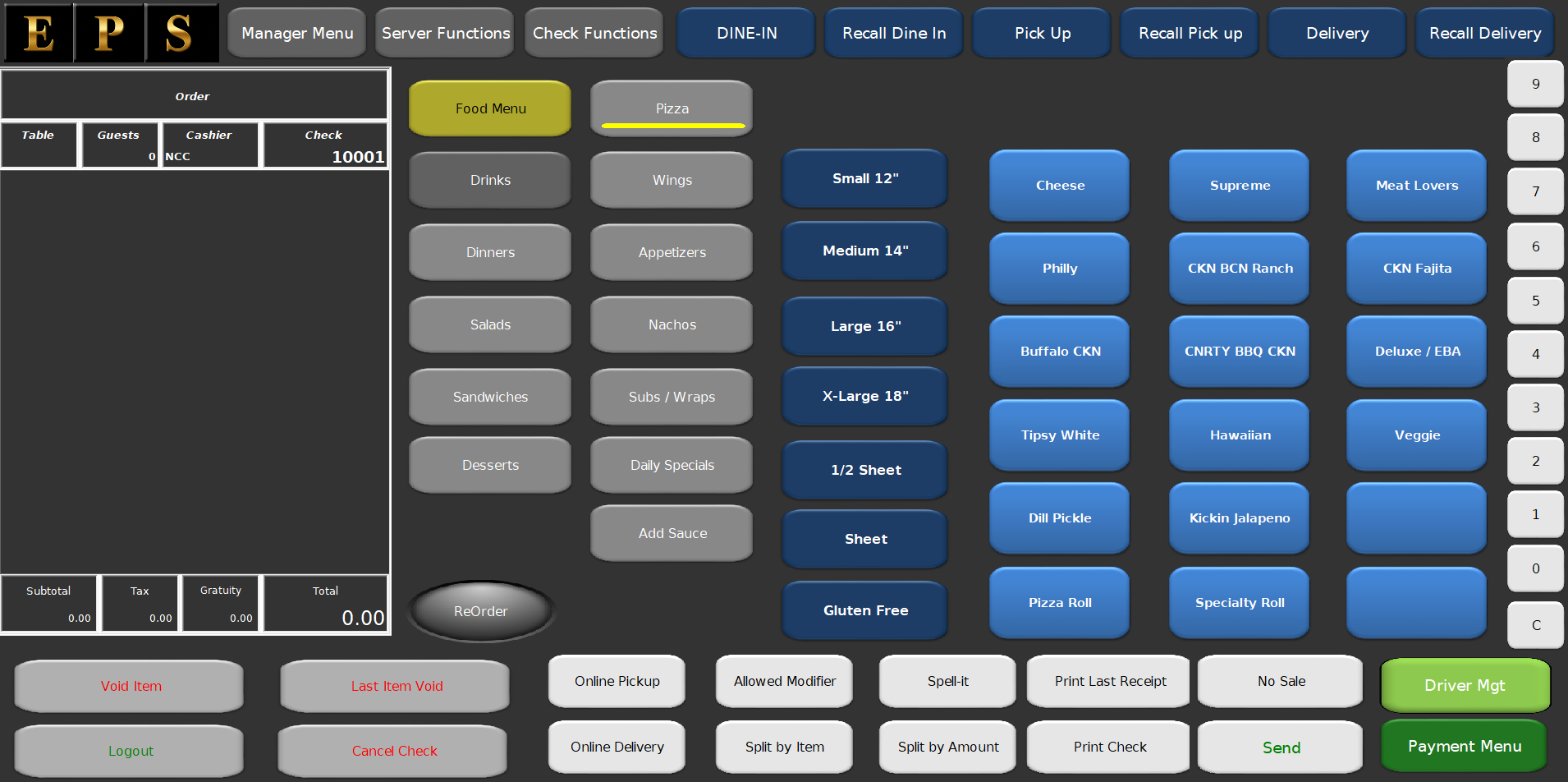 Tipsy Tomato appetizer menu on NCC Reflection with EPS logo, online pickup, online delivery, and driver management